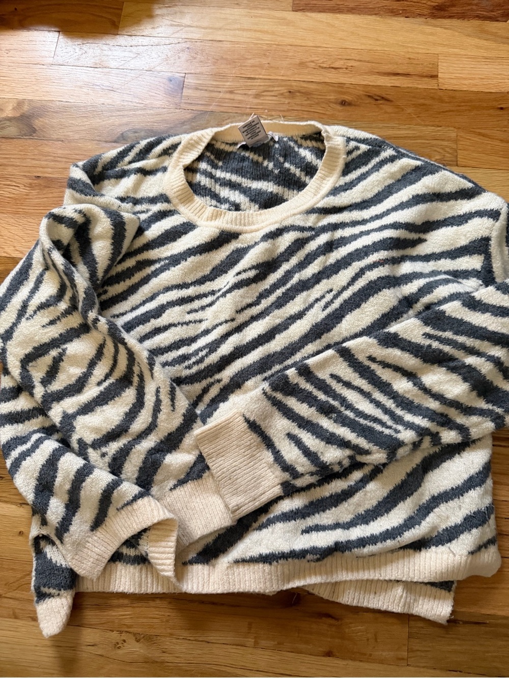 Sincerely Jules Cream and Gray Zebra-Stripe Crewneck Sweater